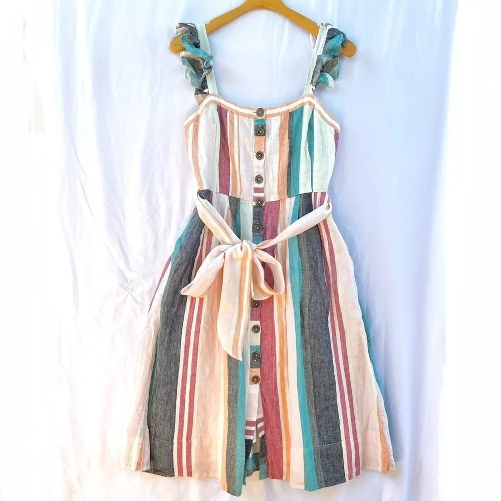J.CREW | NWT BUTTON UP MIDI DRESS IN MIXED COLORED STRIPES SIZE 6 LINEN
